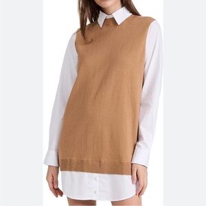 Staud Fern Detachable Collar Long Sleeve Mixed Media Tan Sweater Dress